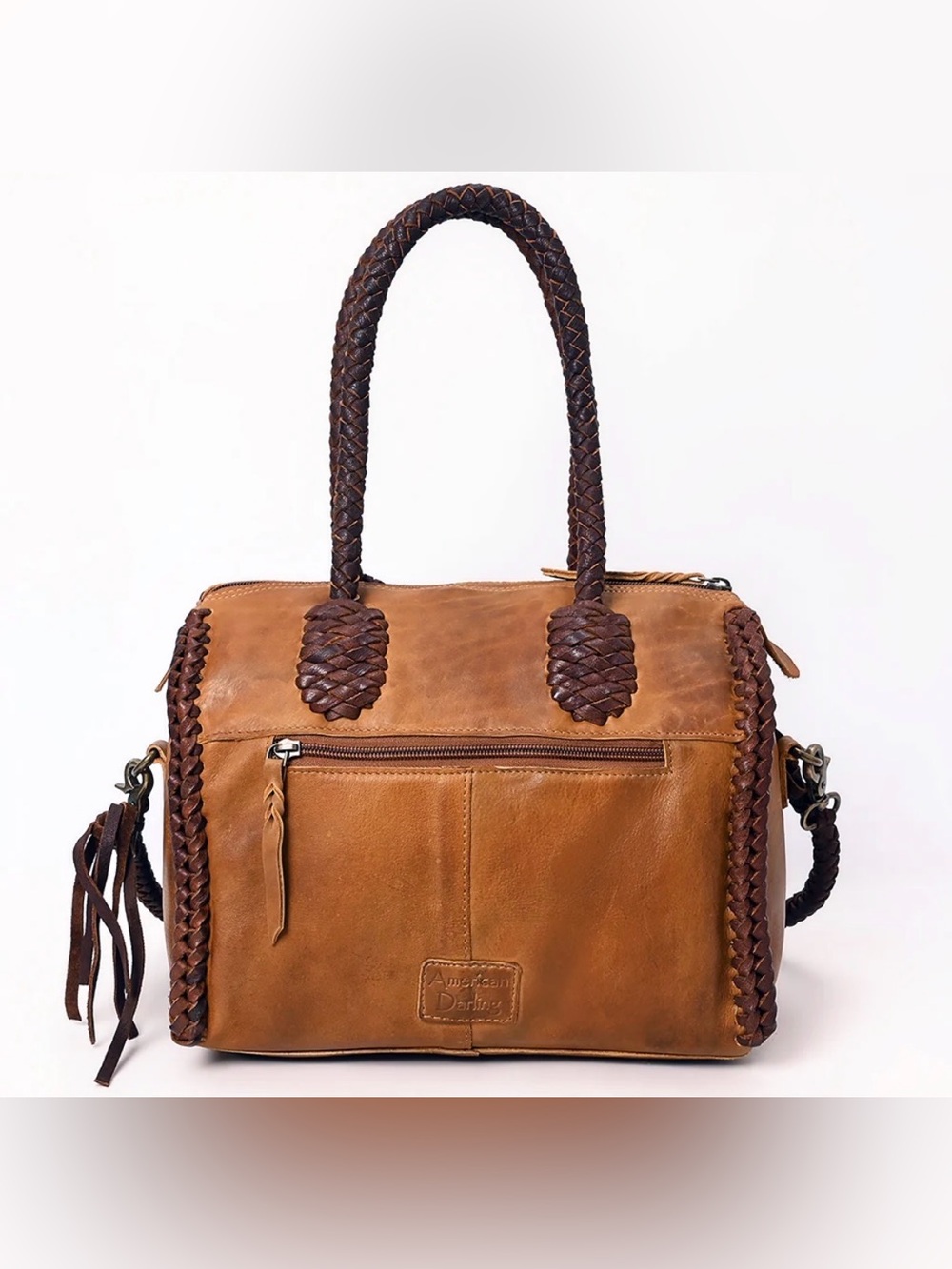 Western Boho Tassel Leather Satchel in Tan and Brown - Picture 5 of 6